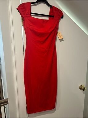 Popilush Red Cap-Sleeve Midi Dress